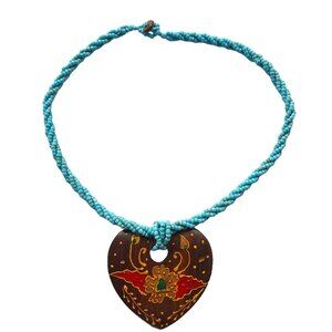 Turquoise Tone Beaded Necklace with Heart Pendant
